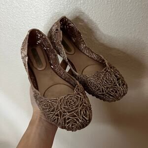 Melissa x Campana rose gold glitter rosette flats WOMENS 6
